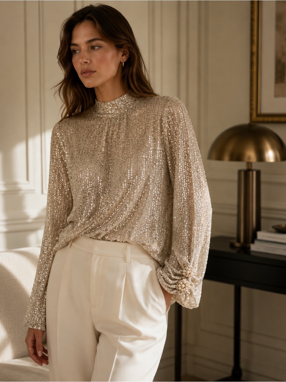 H&M Champagne Sequin Keyhole Back Ruched Sleeve Glam Blouse L XL